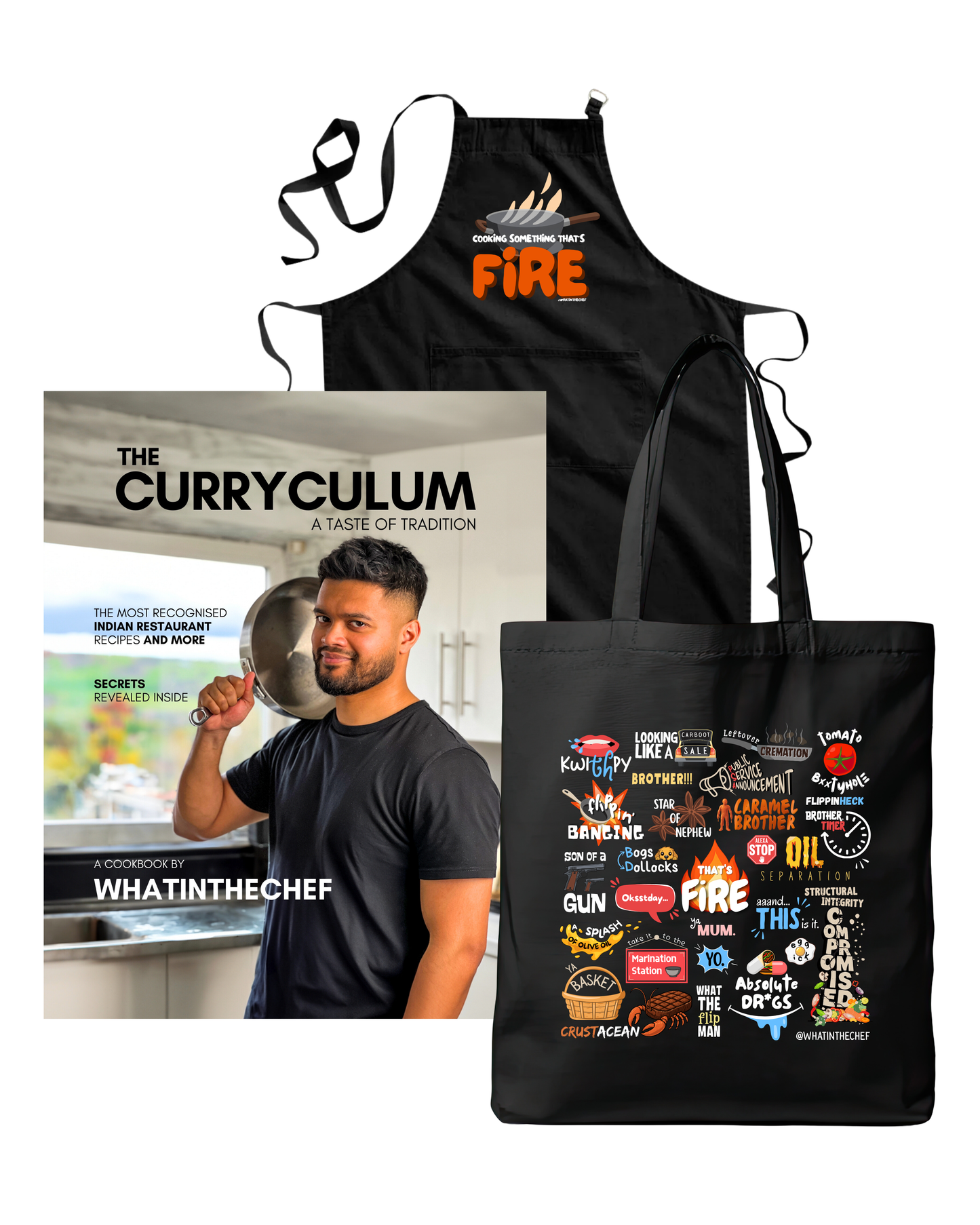 (BUNDLE) The Curryculum (Paperback) + "FIRE" Apron + Tote