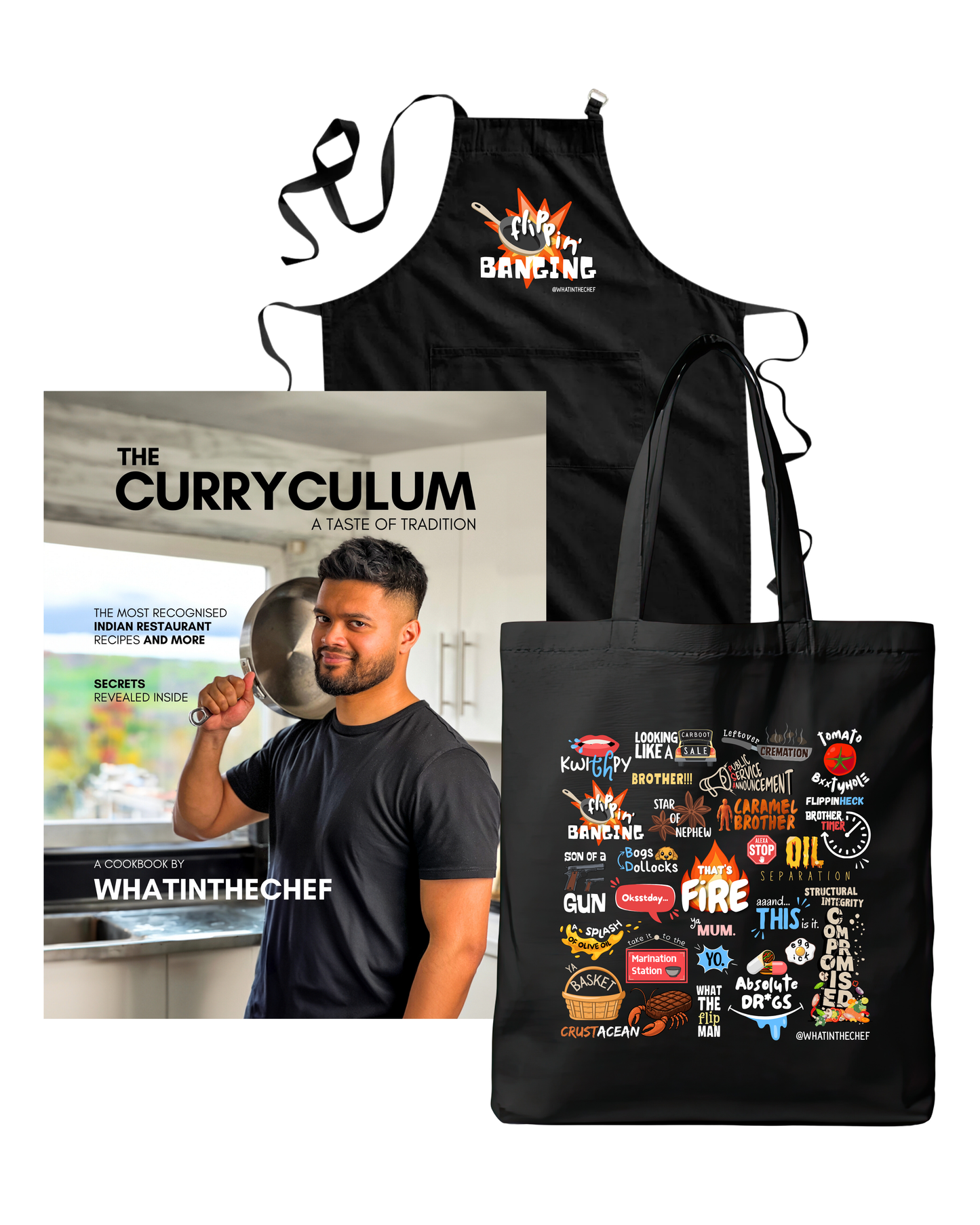 (BUNDLE) The Curryculum (Paperback) + "Flippin Banging" Apron + Tote